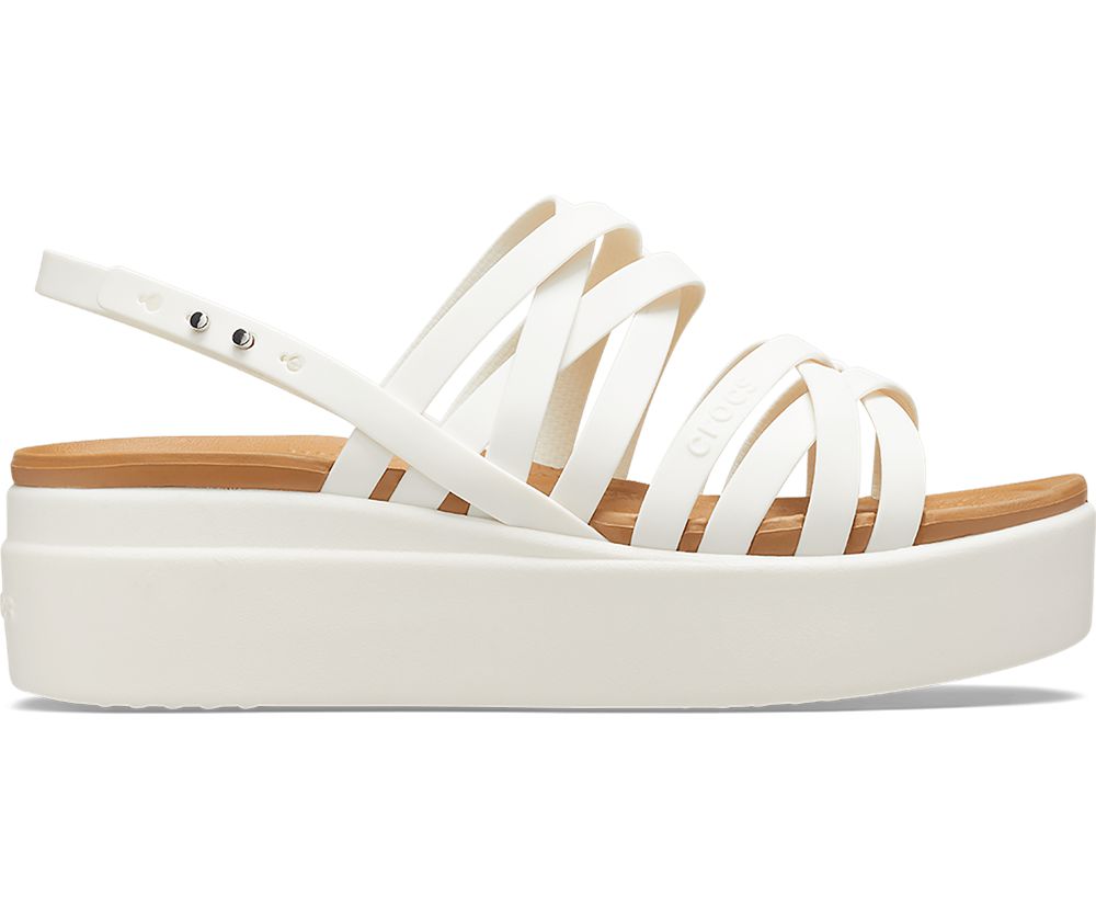 Crocs Brooklyn Strappy Low Kilehæl Sandaler Dame Hvide | 126-PXMYFB